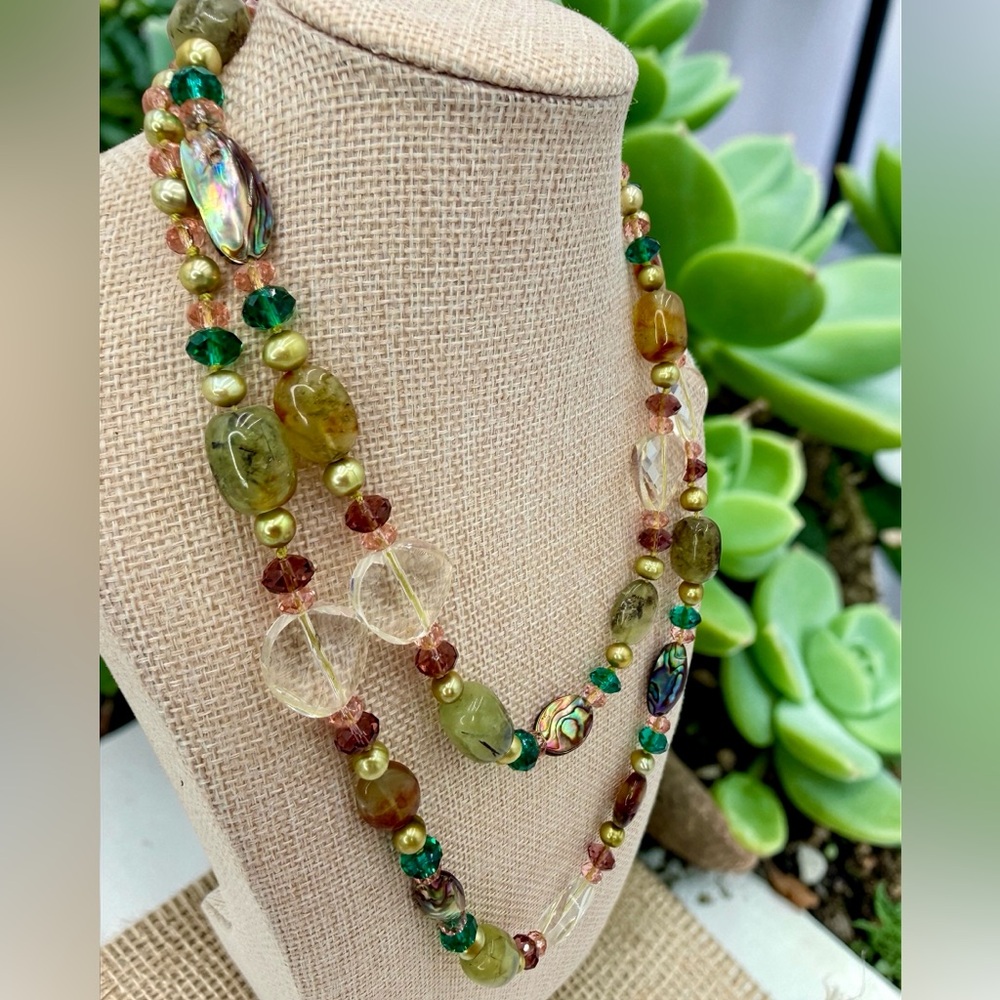 One Of A Kind Artisan Abalone Moss Agate Quartz Pearl 40” Necklace 925 Gemstone - Picture 5 of 17